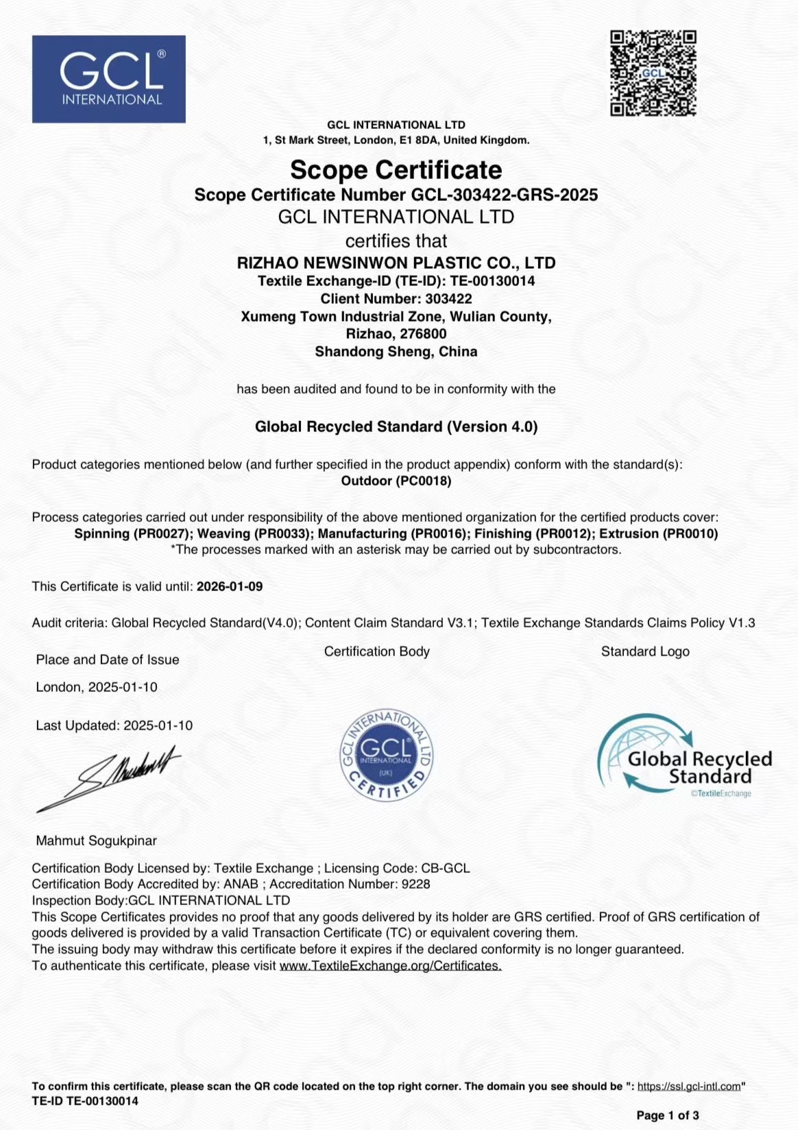 Scope certificate